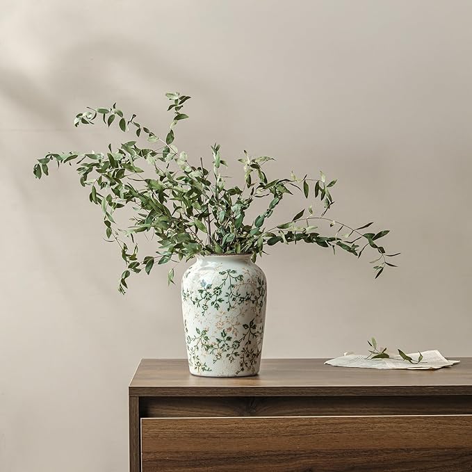 for Mom from Daughter or Son, Vintage Pastoral Green Round Ceramic Vase 7.8”, Ice Crack Chinoiserie Floral Vase, Rustic Decor for Living Room, Bookshelf, Office, Table Centerpiece