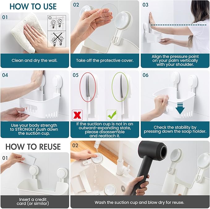 TAILI Shower Caddy Suction Cup & Toothbrush Holder & Soap Holder Heavy Duty Bathroom Shower Organizer
