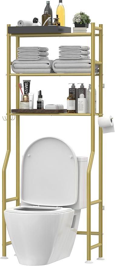 Livilord 3-Tier Over The Toilet Storage, Freestanding Metal Bathroom Shelves with 4 Hooks, Over Toilet Storage Shelf with Paper Holder, Above The Toilet Shelf for Bathroom Storage, Gold