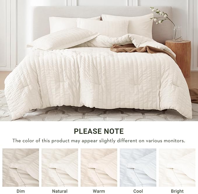 MUXHOMO 7 Pieces Queen Comforter Set, Seersucker Bed in a Bag Queen Size, All Season Luxury Bedding Set with Comforter, Flat Sheet, Fitted Sheet, Pillowcases & Shams, Ivory