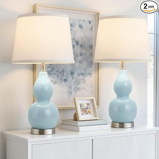 GyroVu 22" Table Lamp Set of 2, Color Temperature Adjustable Double Gourd Ceramic Lamps Classic Nightstand Table Lamps for Bedroom Beside Lamps for Living Room, Sky Blue-Bulbs Included