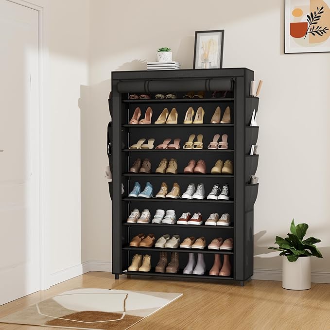 VILICK Shoe Rack with Cover, 8 Tier Tall Shoe Organizer Storage for 36-45 Pair Shoes and Boots Large Shoe Storage Shelf Free Standing Shoe Rack for Closet, Front Door Entrance, Dorm, Garage