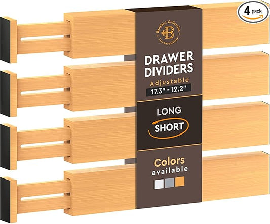 4-Pack Bamboo Drawer Dividers - Fits Drawers 12.2 to 17.3 Inches Deep, 2.6 Inch High, 0.6 Inch Thick, Expandable Drawer Organizers Separators for Clothes, Dresser, Bedroom, Kitchen, Bathroom, Office