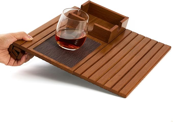 Detor Couch Cup Holder Tray with Super Anti-Slip Pad, Large 4.5" x 4.5" Organizer, Acacia-Stained Bamboo Finish, Enhanced Non-Slip Felt Base, Durable Bamboo Slats, Fits Armrests 5.5" and Wider