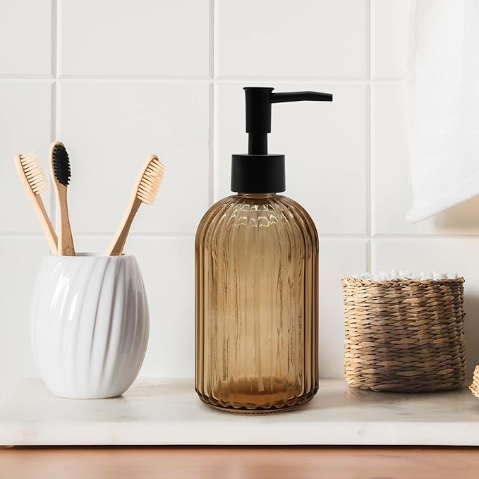 2 Pack 14oz Amber Glass Soap Dispenser with Black Pump – Refillable for Hand Soap, Dish Soap, Lotion, Suited for Kitchen, Bathroom & Laundry Room (Brown)
