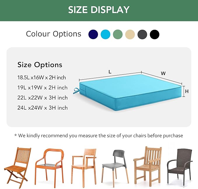 Outdoor Chair Cushions Set of 4: Waterproof & Fade Resistant Seat Cushion for Patio Furniture - 18.5 x 16 x 2 Inch Chair Pads with Ties and Hidden Zipper - Patio Chair Cushion Replacement, Teal