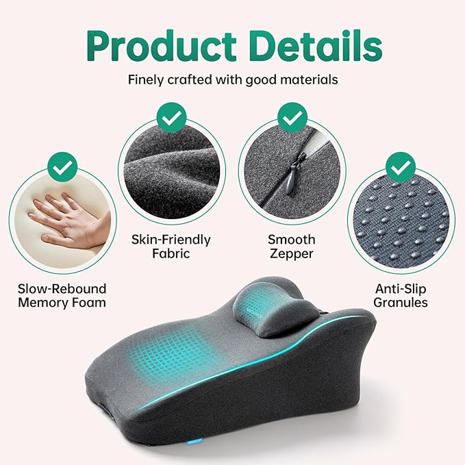 MOONYOOY Memory Foam Ergonomic Support Pillow & Leg Elevation Cushion - Memory Foam Back Support for Bed Sitting, Reading & Daily Relaxing, Removable Washable Cover, Gray