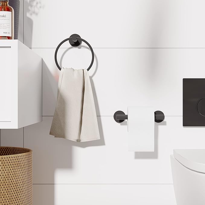 RARXTR Matte Black Toilet Paper Holder & Towel Ring SUS304 Stainless Steel 2pc Bathroom Hardware Set with Double Post Pivoting Toilet Paper Roll Holder Wall Mount & Bathroom Towel Holder Set