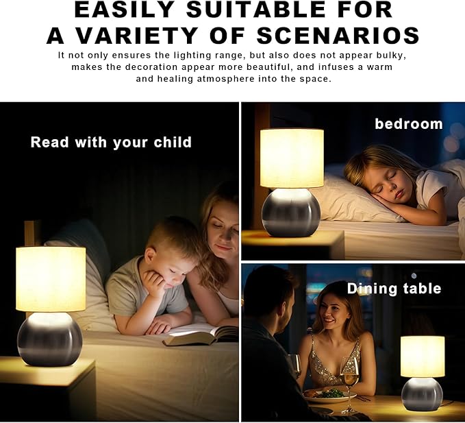 Modern Silvery Small Table Lamp with Cotton Linen Shade, 10.4-inch LED Desk Light, One-Button Switch for Bedroom, Living Room, Nightstand, Includes Warm Light Bulb