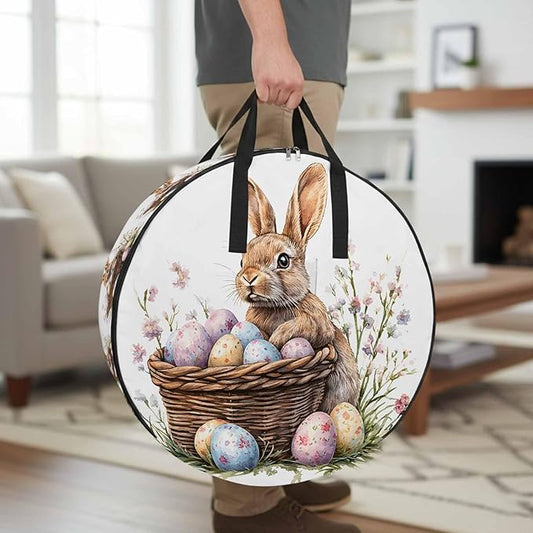 36 Inch Round Storage Bag 1 Pack,Easter Bunny Egg Basket on White Waterproof Wreath Storage Container with Handles&Zipper Spring Pastoral Plant Closet Organizer Bags Garland Box