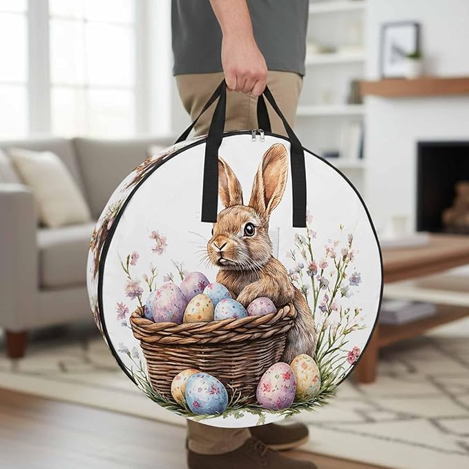 36 Inch Round Storage Bag 2 Pack,Easter Bunny Egg Basket on White Waterproof Wreath Storage Container with Handles&Zipper Spring Pastoral Plant Closet Organizer Bags Garland Box