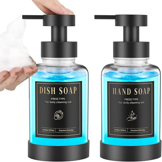 Luxspire Foaming Soap Dispenser, Glass Foam Pump Soap Dispenser, Non-Slip Hand Soap Bottle with 5 Waterproof Labels, 15 Oz Refillable Liquid Soap Bottle for Bathroom & Kitchen, Clear, 2 Pack