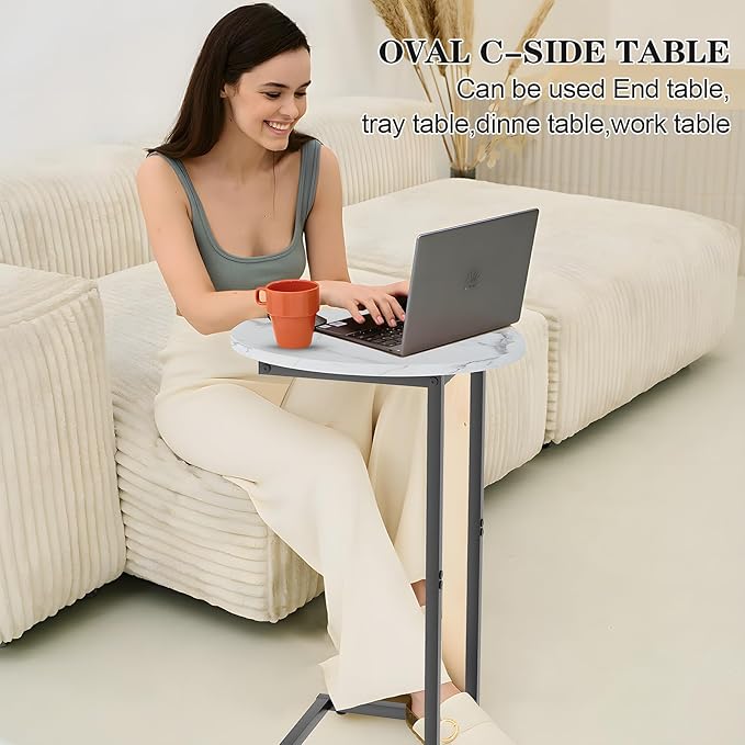 C Shaped End Side Table, Small Oval Couch Sofa Table for Bed, Snack Side Table with Metal Frame, TV Tray Table with White Marble for Small Space, Living Room, Bedroom, Bedside, Black