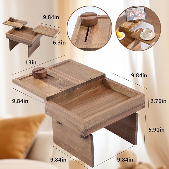 Acacia Wood Sofa Arm Tray, Adjustable Couch Armrest Table with 2 Rotatable Trays & a Storage Box | 360° Rotating Phone Holder for Drinks, Cups, Snacks, and Remote