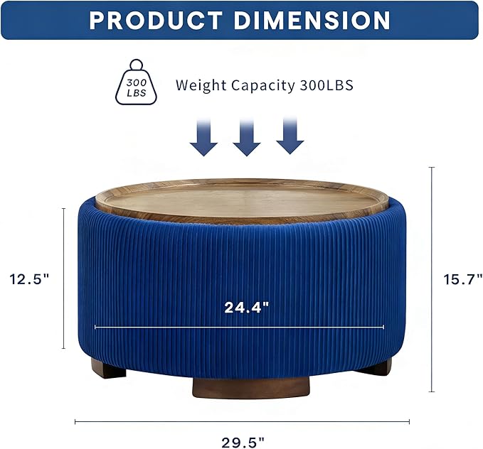 29.5 Inch Round Storage Ottoman Coffee Table,Modern Circle Coffee Table with Storage with Removable Lid Top and Solid Wood Legs,Large Round Ottoman for Bedroom,Living Room,Velvet,Blue