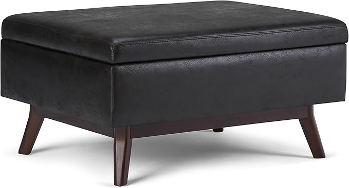 SIMPLIHOME Owen Coffee Table Storage Ottoman - 34" Wide x 19" High Upholstered Vegan Leather Rectangular Lift-Top Ottoman in Distressed Black, Mid-Century Bench for Living Room with Tapered Legs