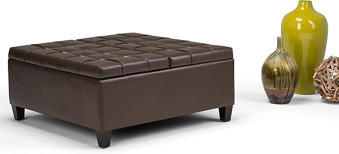 SIMPLIHOME Harrison Coffee Table Storage Ottoman - 36 inch Wide Upholstered Vegan Leather Square Lift-Top Ottoman in Chocolate Brown, Transitional Ottoman for Living Room with Hidden Storage