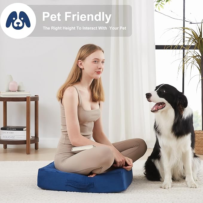 JKMAX 2 Pcs High Density Foam Floor Pillow - Upgraded Large Pillows Seating for Adults - Outdoor Floor Cushion with Soft Tufted Cover - Yoga Pillows for Sitting On Floor - 22 Inch Navy Blue