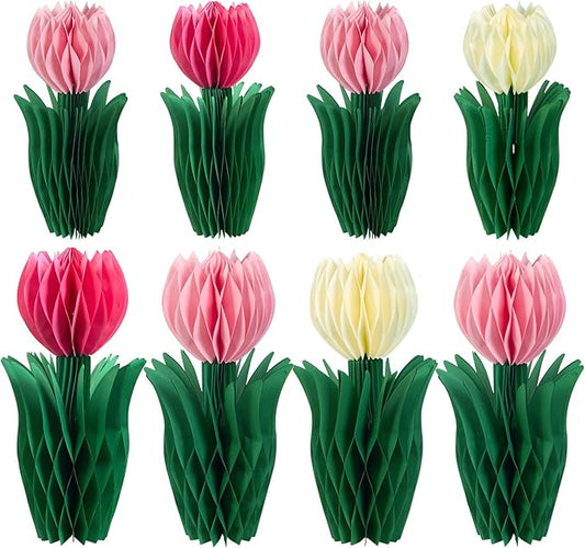 8 Pcs Tulip Honeycomb Decorations, Spring Decorations for Office, Spring Table Decor, Tulip Party Decorations, Spring Centerpieces for Tables for Mothers Day Spring Party, Womens Day