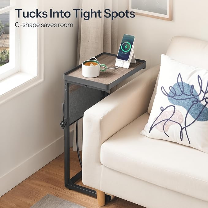 HOOBRO C-Shaped Side Table with Charging Station, 29.5” Sofa End Table Adjustable Height, Small Slide Under Couch Table for Sofa Arm Tray, for Living Room, Bedroom, Greige and Black BG78USF01