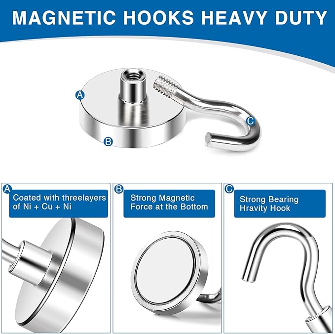 LOVIMAG Magnetic Hooks Havy Duty, 85LBS Strong Magnetic Hooks for Refrigerator, Neodymium Magnet Hooks for Hainging,Magnetic Hanger for Wall, Locker, Cruise Cabins, Grill, Metal Door- 6 Pack