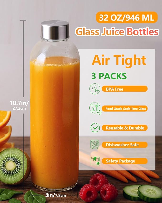 Zukro Glass Water Bottles with Lids 32 oz, 3 Pack Reusable Large Juice Bottles With Stainless Steel Airtight Cap for Juicing, Leak Proof Clear Drinking Jar Beverage storage container, BPA Free