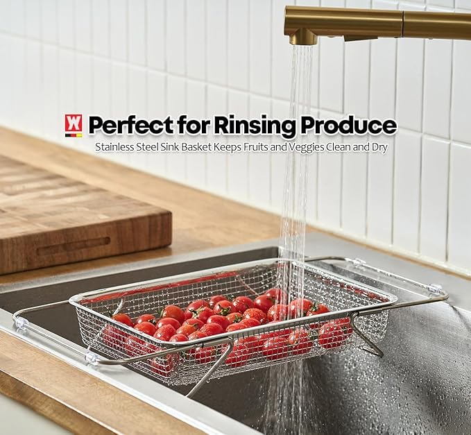 WAGENSTEIGER Extendable Dish Rack with Feet, Vegetable Colander Basket, Stainless Steel Dish or Silverware Drying Rack, Ultimate Kitchen Organizer Over the Sink (11.81 x 8.27 x 2.76 Inches)