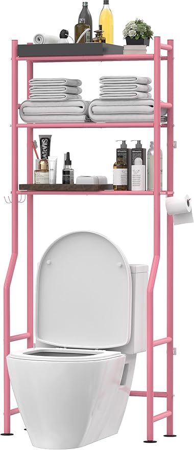 Livilord 3-Tier Over The Toilet Storage, Freestanding Metal Bathroom Shelves with 4 Hooks, Over Toilet Storage Shelf with Paper Holder, Above The Toilet Shelf for Bathroom Storage, Pink