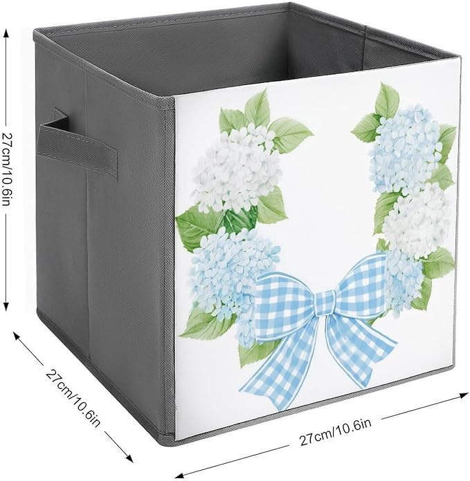 Watercolor White Hydrangea Flowers Wreath Cube Storage Bins Storage Cubes Foldable Decorative Fabric Storage Baskets Home Organizers with Handles for Shelves,Closet, 10.6 X 10.6 Inch