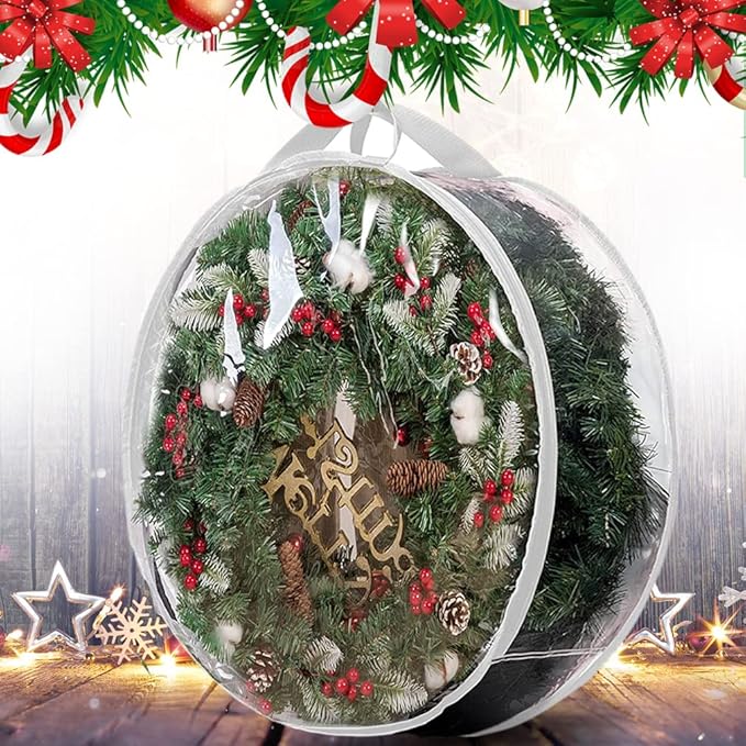 ProPik Christmas Wreath Storage Bag - 4 Pack Clear Christmas Wreaths Container- Garland Holiday Artificial Wreath Storage Holder –Water Proof Transparent PVC (White, 24 Inch)