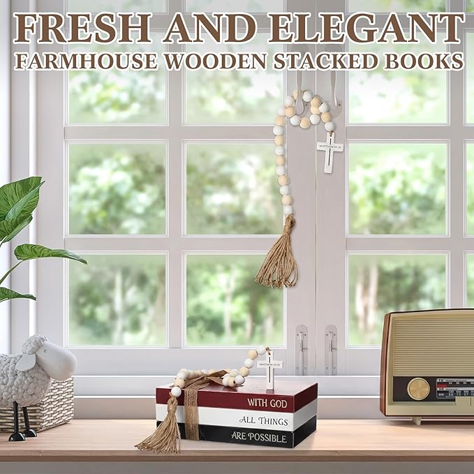 Tatuo 4 Pcs Wooden Farmhouse Decorative Books for Home Decor Coffee Table Faux Books for Decoration White Fake Decorative Stacked Display Set with Beads Garland Shelf Living Room Decor (Christian)