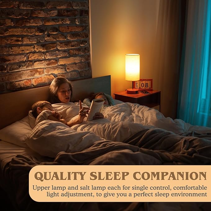 UNIFUN Bedside Table Lamp for Bedroom - 4 Way Dimmable Touch Lamp with USB and Type-C Charge Port, Small Wood Base Round Flaxen Fabric Shade Lamp Living Room,Bedroom Use(Yellow Color Base)
