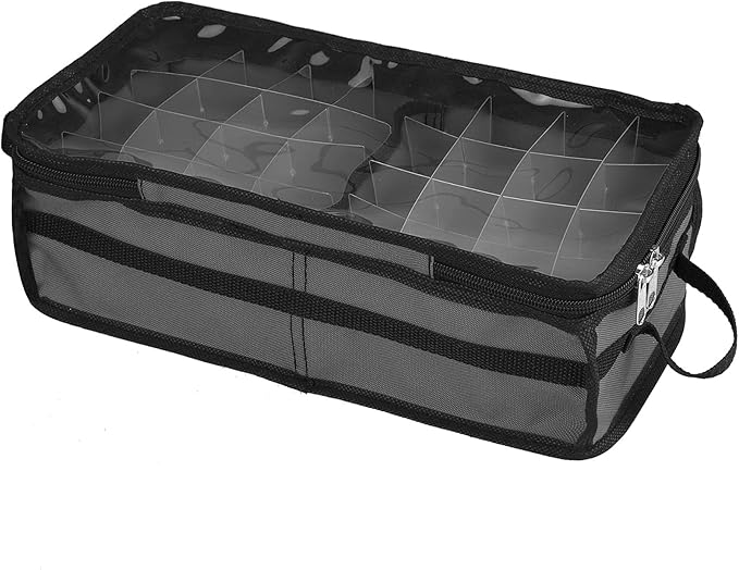 Ornament Storage Box Under Bed 64 Cell Partition 600D Oxford PVC Transparent Window 61x30.5x15cm (Black)