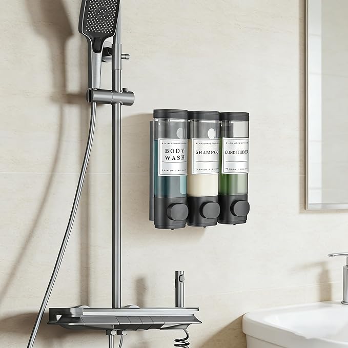 Shower Soap Dispenser Wall Mounted No Drill Shampoo Dispenser for Shower Wall Shampoo and Conditioner Dispenser Bathroom Hotel 3 * 300ml Black with Labels