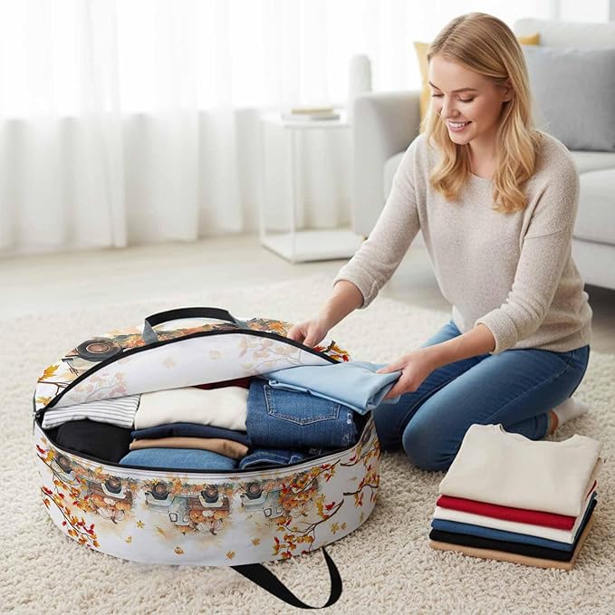 Thanksgiving Pumpkin Round Storage Bag 24 Inch, Truck Fall Maple Leaves Clothes Storage Container with Handles Heavy Duty Organizer for Comforter, Bedding & Holiday Wreaths