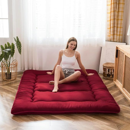 MAXYOYO Japanese Floor Mattress Futon Mattress Thicken Tatami Mat Sleeping Pad Roll Up Mattress Floor Lounger Mat Folding Couch Mattress Pad for Guest Room, Burgundy, King Size