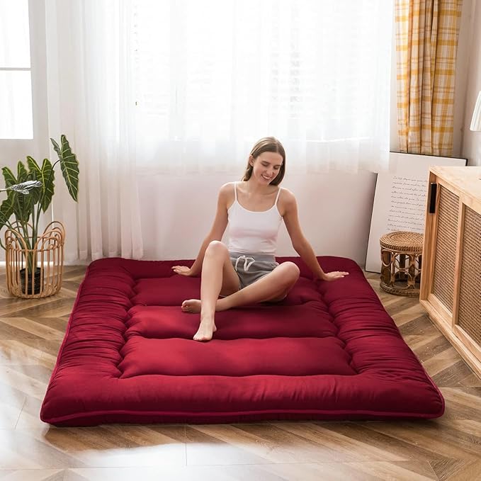 MAXYOYO Japanese Floor Mattress Futon Mattress, Thicken Sleeping Pad Foldable Roll Up Floor Futon for Adults Tatami Mat Dormitory Lounger, Burgundy, Full Size