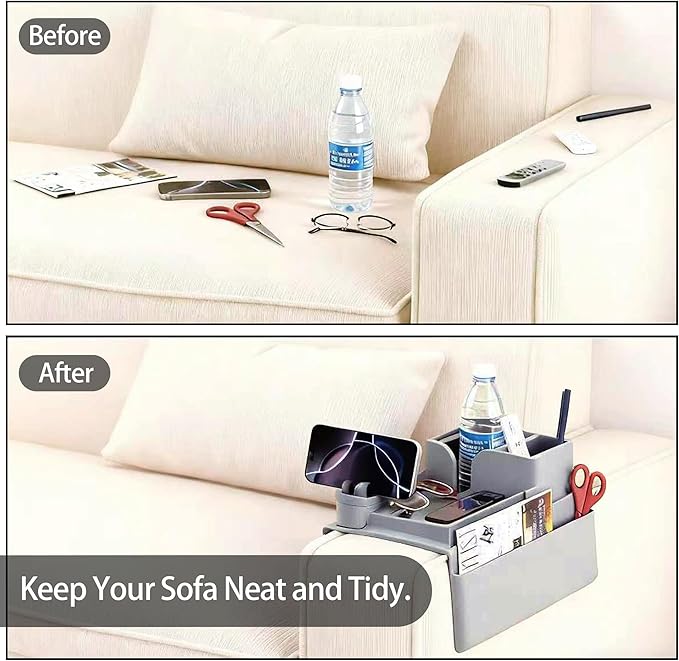 Couch Arm Cup Holder - Silicone Sofa Armrest Tray with 5 Side Pockets, Anti-Slip Armrest Recliner Armchair Caddy, Sofa Table Organizer for Drinks Tablet Remote Snacks Cellphone Cup (Grey)