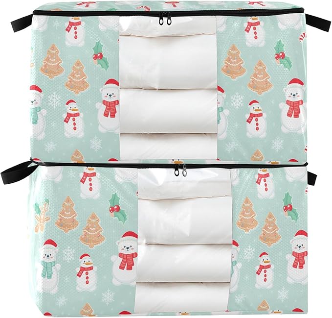 Burbuja Snowmen Tree Clothes Storage Bag with Lids and Handle, 2 Pack Foldable Blanket Storage Container with Sturdy Zipper & Clear Window for Bedroom Closet, 60L