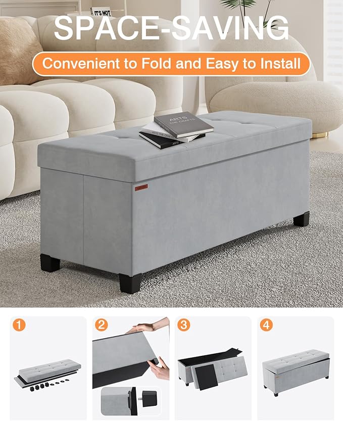 ABHENG Foldable Storage Ottoman Bench, Velvet Footrest and Seat Cube with Feet, Storage Chest, for Living Room, Bedroom and Office, 15 x 43 x 15.7 Inches, Dove Gray, ASND24G