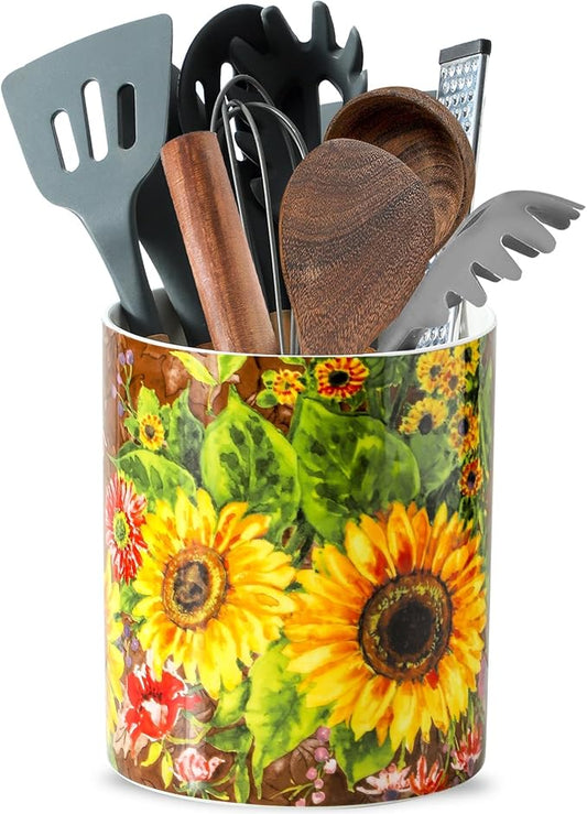 7" Oil Painting Sunflower Utensil Holder, Large Kitchen Utensil Holder Organizer ,Stable Utensil Crock Spatula Holder for Kitchen Counter Countertop Farmhouse Cooking Tools Holder