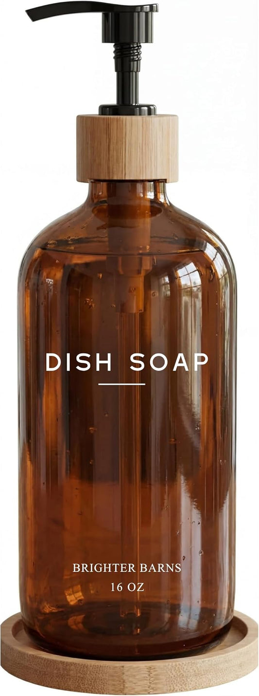 Amber Glass Dish Soap Dispenser for Kitchen Sink by Brighter Barns - Kitchen Soap Dispenser Set with Tray - Glass Bottle with Pump for Liquid - Boho Home Decor and Accessories for Restaurant (Amber)