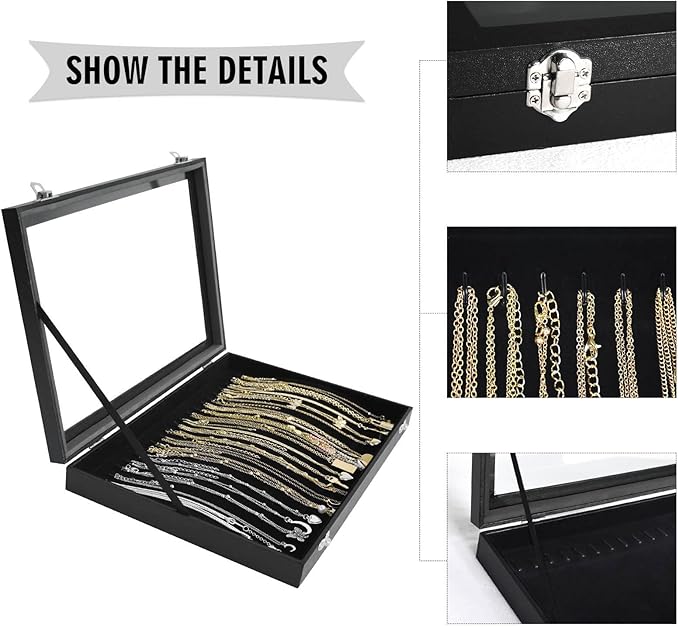 Siveit Premium Necklace Organizer Box - 20 Hooks Jewelry Tray with Transparent Lid - Display Box for Necklaces, Pendants - Suitable for Women and Girls (Black)