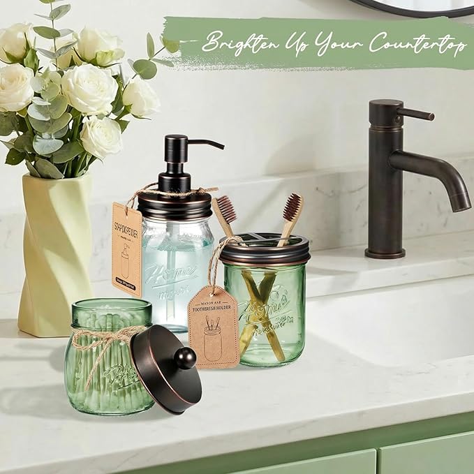 SheeChung Mason Jar Toothbrush Holder, Green Glass Toothbrush Holder, Bathroom Countertop Organizer, Stainless Steel Lid, Toothbrush Toothpaste Holder Storage, Oil Rubbed Bronze Bathroom Accessories