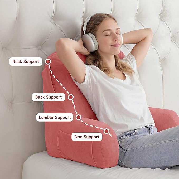 Unisakey Portable Comfy Reading Pillows for Bed Sitting Up(Dark Pink Oeko-Tex), Velvet Back Pillow with Arms & Pockets for Adults, Support Memory Foam Bed Pillow for Dorm/Reading/Watching/Gaming