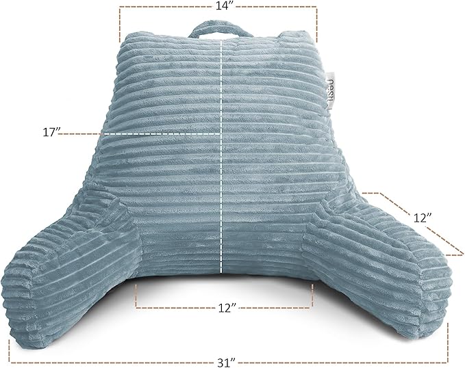 Nestl Stone Blue Reading Pillow with Bed Desk for Laptop and Writing, Luxe Cut Plush Back Pillow for Sitting Up, Back and Arms Adjustable Support for Adult and Teens, Foldable Lap Desk for Bed 22x14”