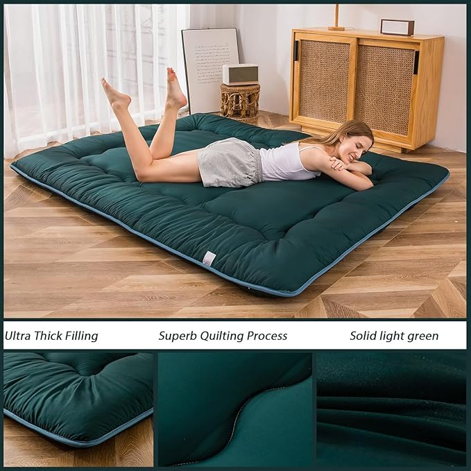 MAXYOYO Japanese Floor Mattress Futon Mattress, Thicken Sleeping Pad Foldable Roll Up Floor Futon for Adults Tatami Mat Dormitory Lounger, Dark Green, Queen Size