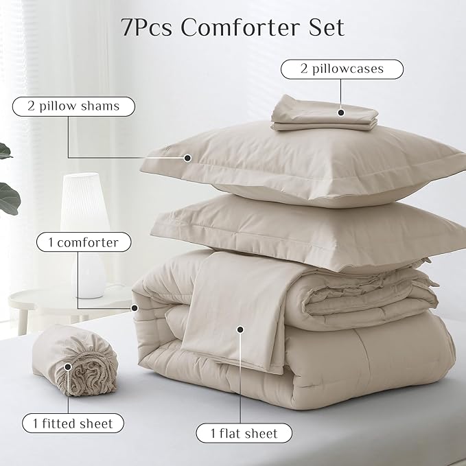 JOLLYVOGUE Queen Comforter Set, Ultra-Soft Bed in a Bag Queen Size 7 Pieces, Oeko-TEX Certified Bedding Set with Down Alternative Comforter, Sheets, Pillowcases & Shams, Oatmeal