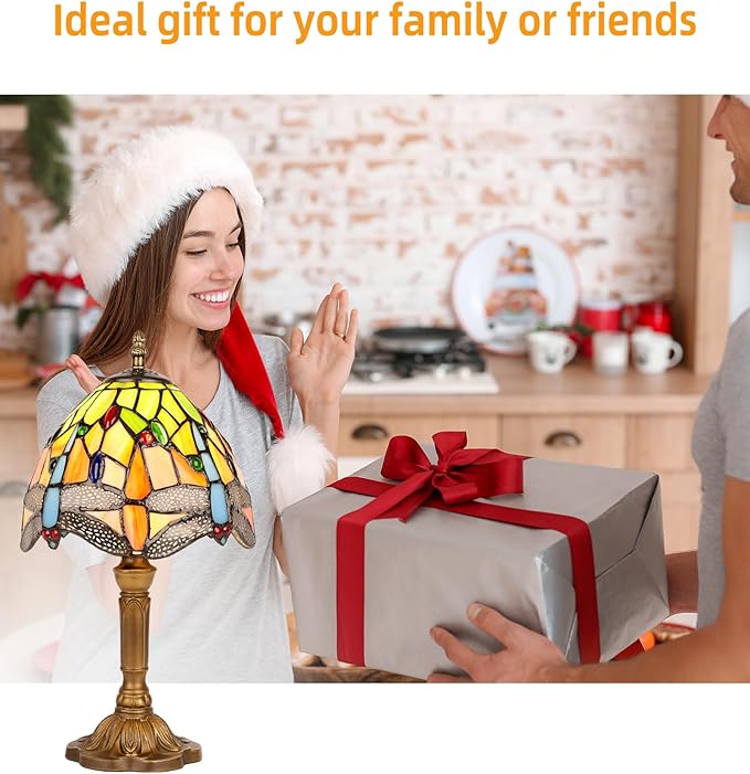 8" Tiffany Style Table Lamp, Dragonfly Small Stained Glass Night Lamp, Handmade Desk Bedside Antique Light for Living Room, Bedroom and Study, Ideal Art Gift for Family & Friends