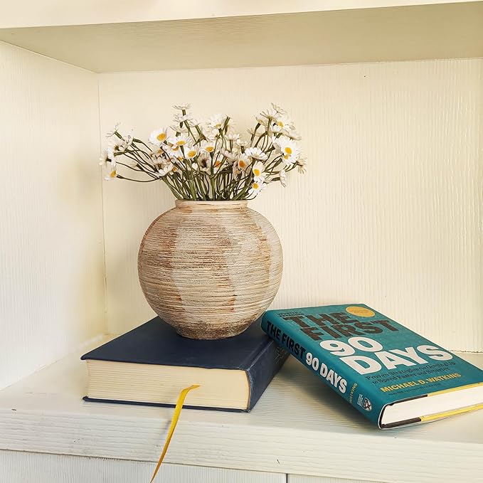Rustic Ribbed Vase Home Decor - 6 in Ceramic Vintage Farmhouse Vases for Decor, Decorative Terracotta Round Bowl vase for Living Room, Table, Shelf, Kichen Decor